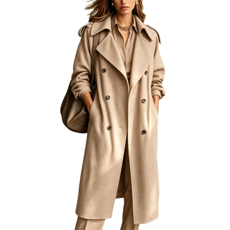 Damen Oversized Doppelreihiger Wollmantel mit weitem Revers Nord Taschen