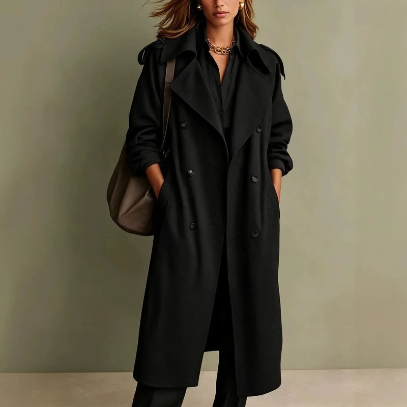 Damen Oversized Doppelreihiger Wollmantel mit weitem Revers Nord Taschen