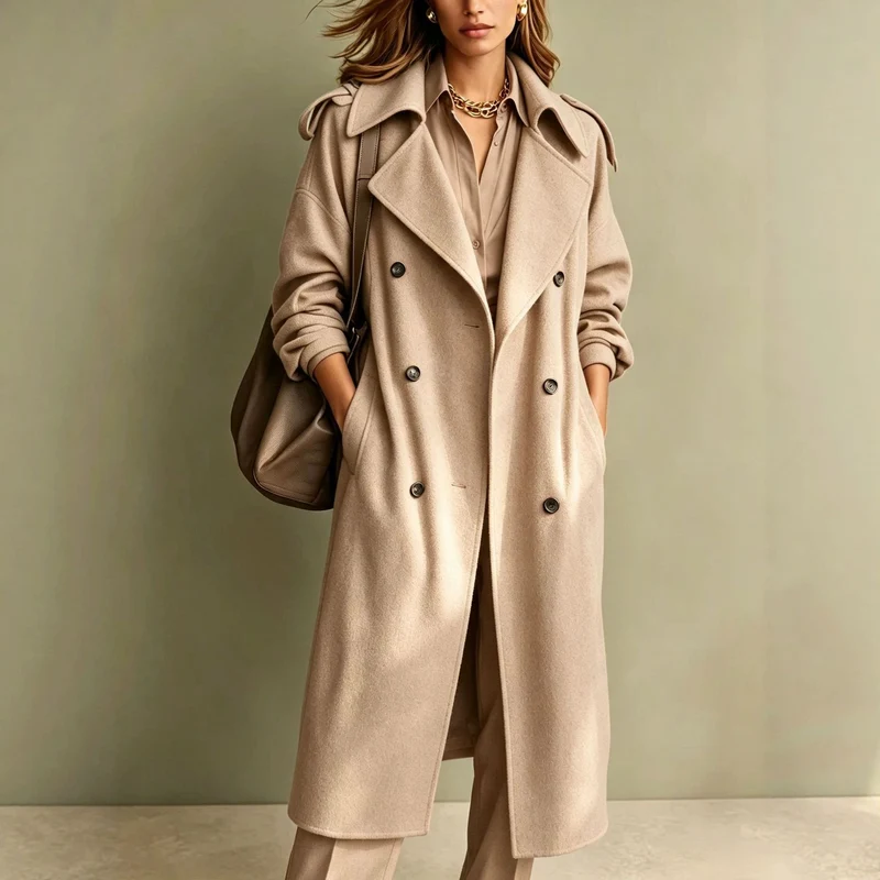 Damen Oversized Doppelreihiger Wollmantel mit weitem Revers Nord Taschen