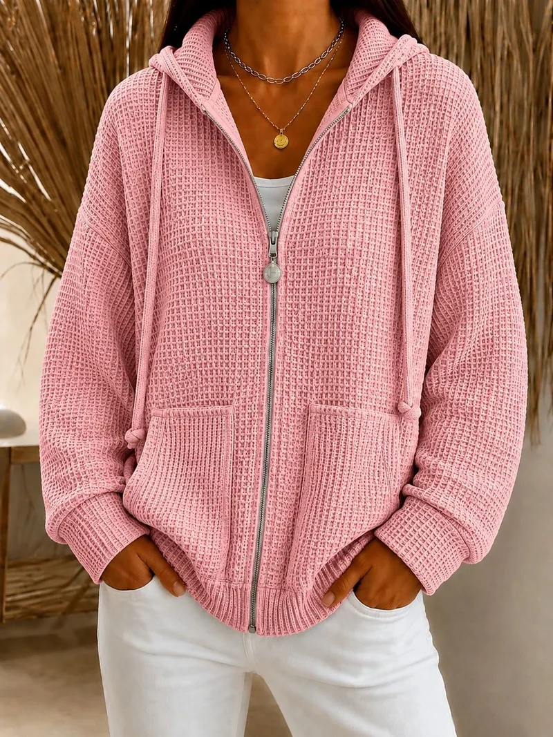 Damen Oversize Waffelstrick-Kapuzenjacke mit Reißverschluss und aufgesetzten Taschen Nord Taschen