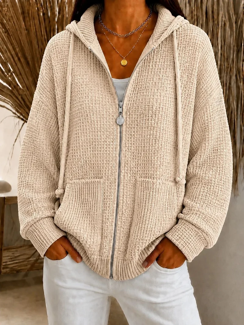 Damen Oversize Waffelstrick-Kapuzenjacke mit Reißverschluss und aufgesetzten Taschen Nord Taschen