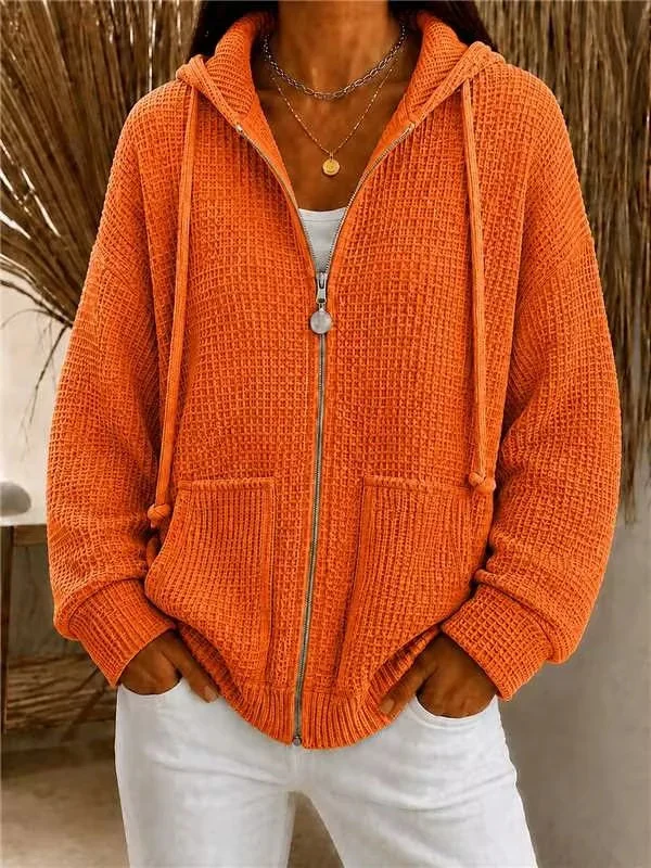 Damen Oversize Waffelstrick-Kapuzenjacke mit Reißverschluss und aufgesetzten Taschen Nord Taschen
