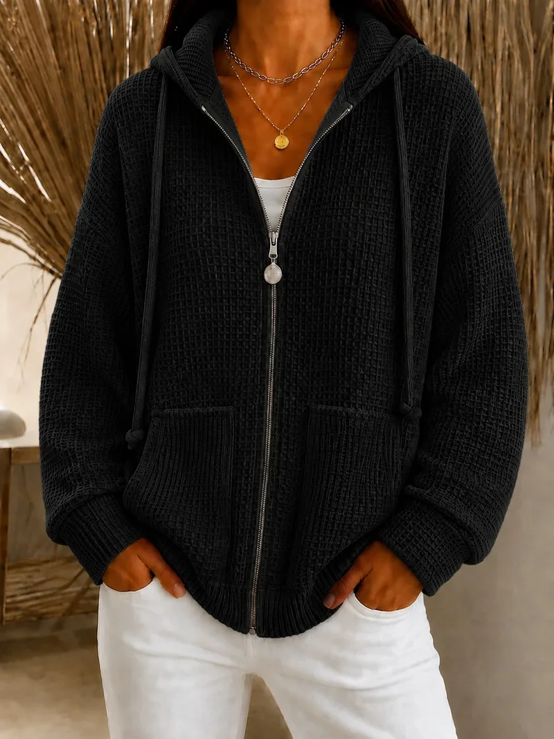 Damen Oversize Waffelstrick-Kapuzenjacke mit Reißverschluss und aufgesetzten Taschen Nord Taschen