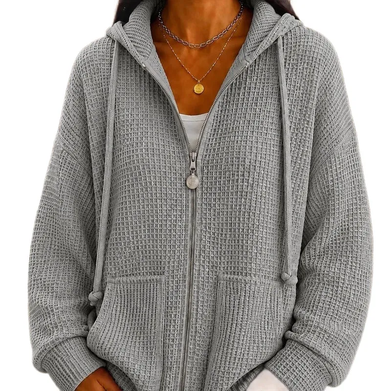 Damen Oversize Waffelstrick-Kapuzenjacke mit Reißverschluss und aufgesetzten Taschen Nord Taschen