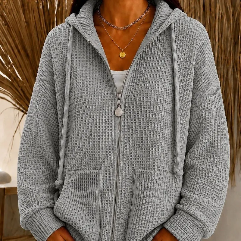 Damen Oversize Waffelstrick-Kapuzenjacke mit Reißverschluss und aufgesetzten Taschen Nord Taschen
