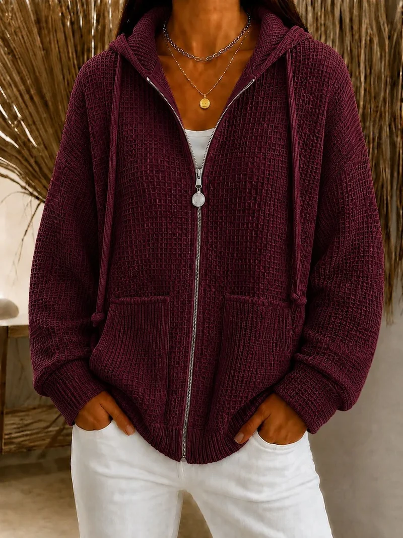 Damen Oversize Waffelstrick-Kapuzenjacke mit Reißverschluss und aufgesetzten Taschen Nord Taschen