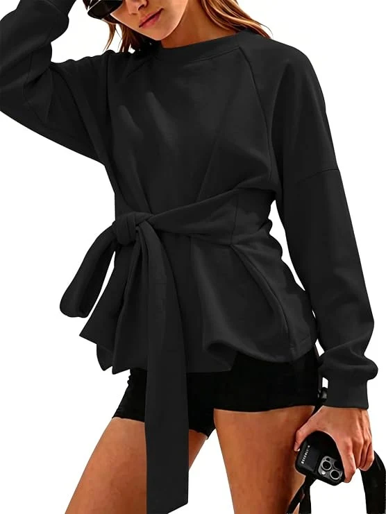 Damen Oversize-Sweatshirt mit Wickelgürtel, Schößchen und Raglanärmeln Nord Taschen