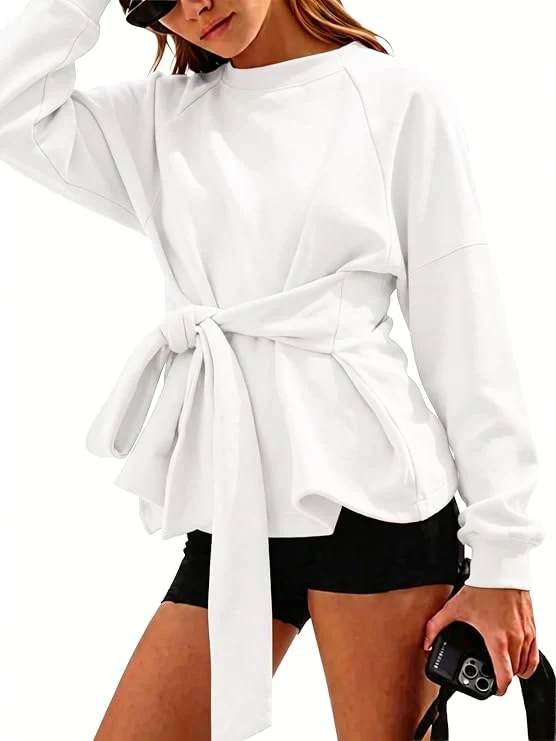 Damen Oversize-Sweatshirt mit Wickelgürtel, Schößchen und Raglanärmeln Nord Taschen