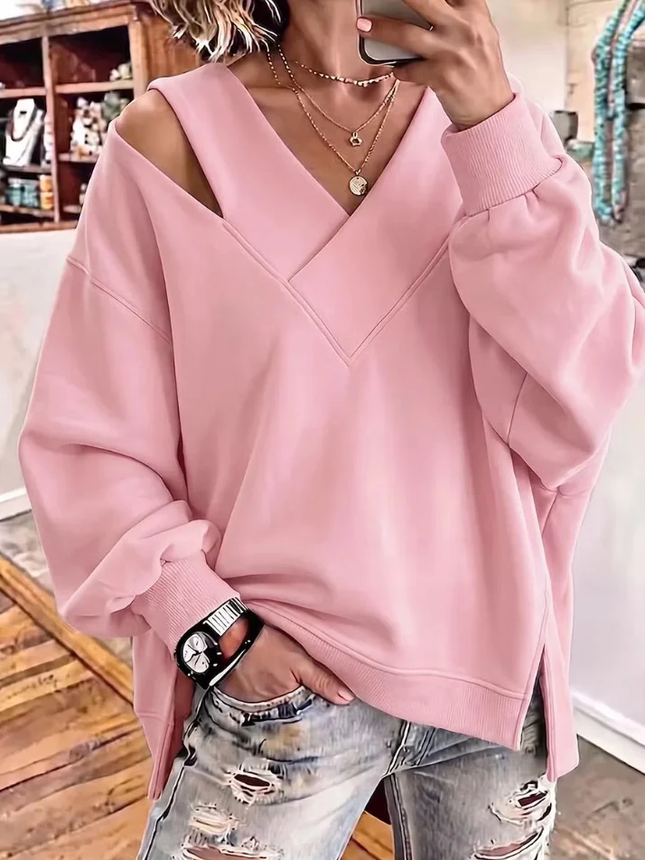Damen Oversize-Sweatshirt mit V‑Ausschnitt und Cut-Out-Schulter Nord Taschen