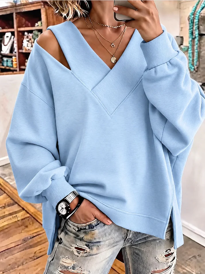 Damen Oversize-Sweatshirt mit V‑Ausschnitt und Cut-Out-Schulter Nord Taschen