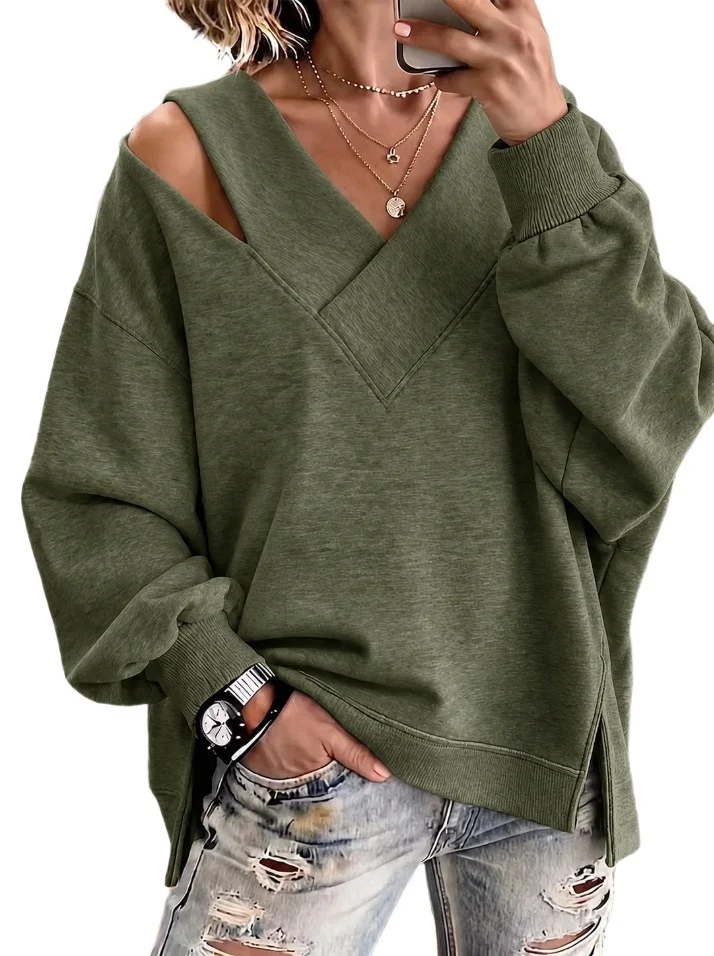 Damen Oversize-Sweatshirt mit V‑Ausschnitt und Cut-Out-Schulter Nord Taschen
