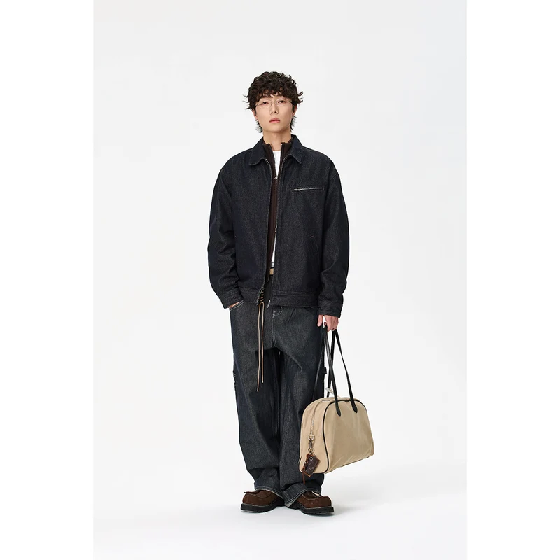 Herren Locker geschnittene Denim-Worker-Jacke mit verdecktem Reißverschluss und schräger Brusttasche Nord Taschen