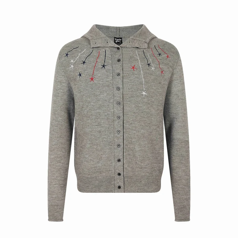 Damen Feinstrick-Cardigan mit Stehkragen, Sternstickerei und durchgehender Knopfleiste Nord Taschen