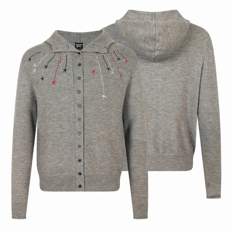 Damen Feinstrick-Cardigan mit Stehkragen, Sternstickerei und durchgehender Knopfleiste Nord Taschen