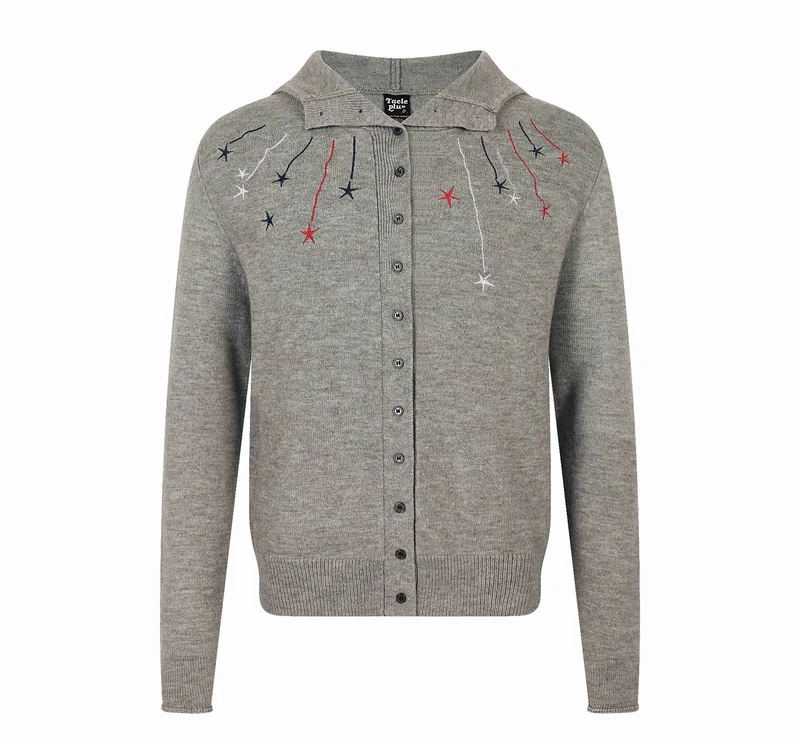 Damen Feinstrick-Cardigan mit Stehkragen, Sternstickerei und durchgehender Knopfleiste Nord Taschen