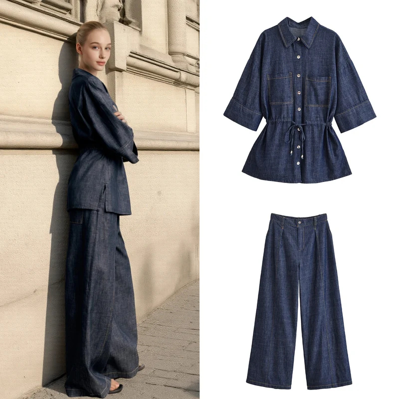 Damen Weite High-Waist Denim-Hose mit Bügelfalte und weitem Bein Nord Taschen
