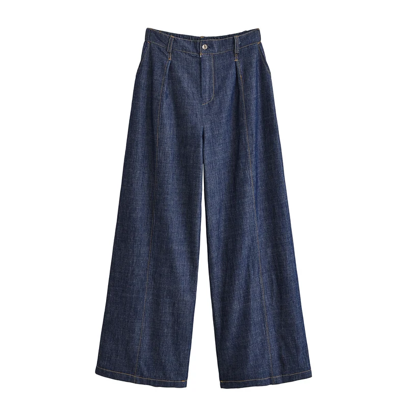 Damen Weite High-Waist Denim-Hose mit Bügelfalte und weitem Bein Nord Taschen