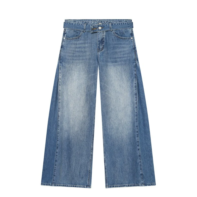 Damen Weite Denim-Hose mit seitlichen Falteneinsätzen, High‑Waist und Taillengürtel Nord Taschen