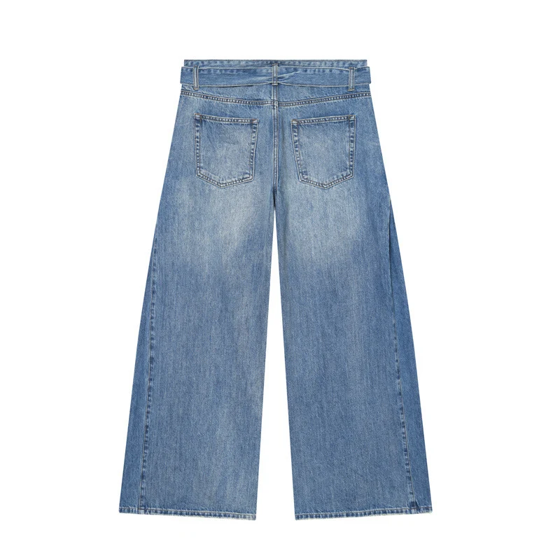 Damen Weite Denim-Hose mit seitlichen Falteneinsätzen, High‑Waist und Taillengürtel Nord Taschen