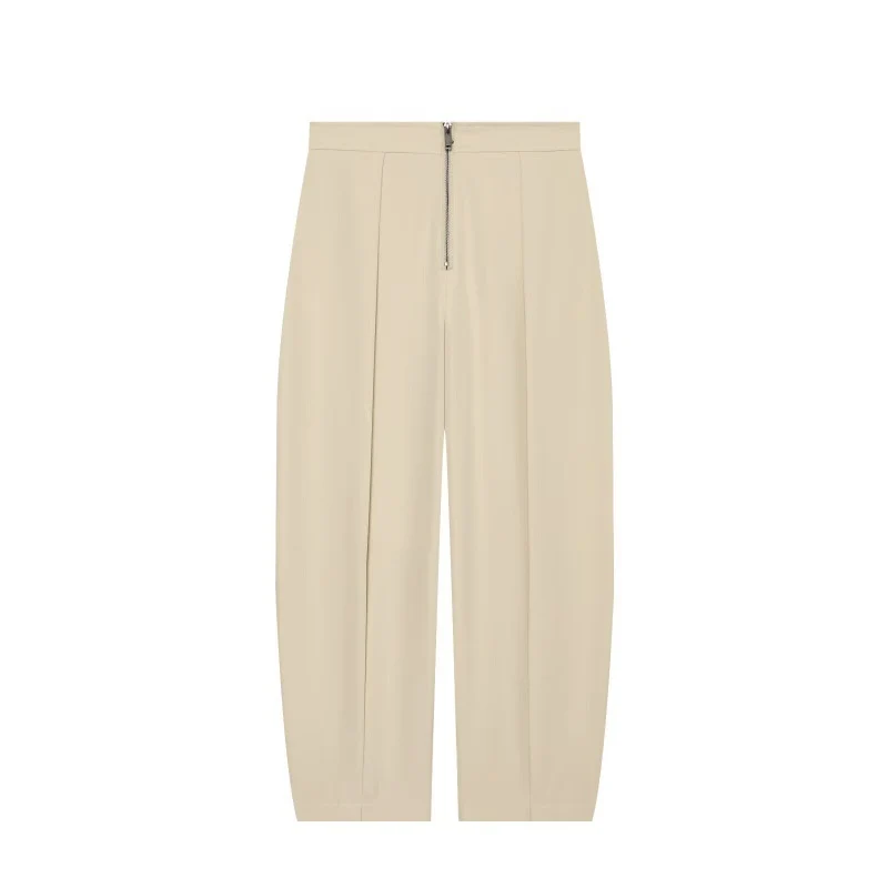 Damen weite Cropped-Hose mit hoher Taille, Kellerfalten und sichtbarem Frontreißverschluss Nord Taschen