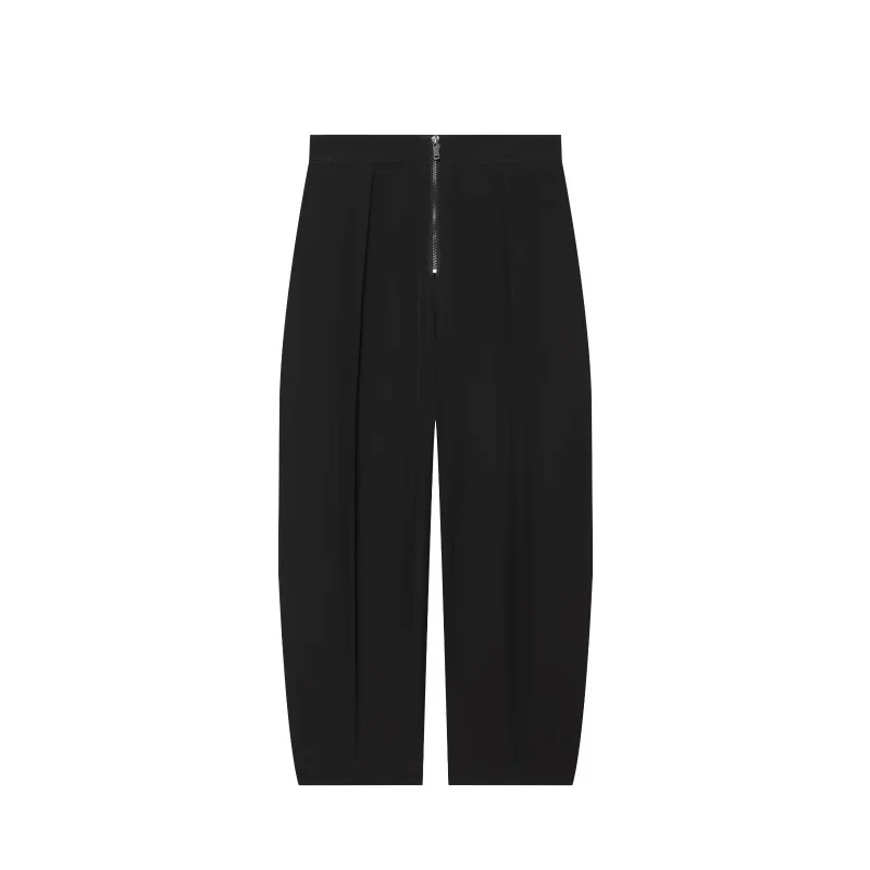 Damen weite Cropped-Hose mit hoher Taille, Kellerfalten und sichtbarem Frontreißverschluss Nord Taschen