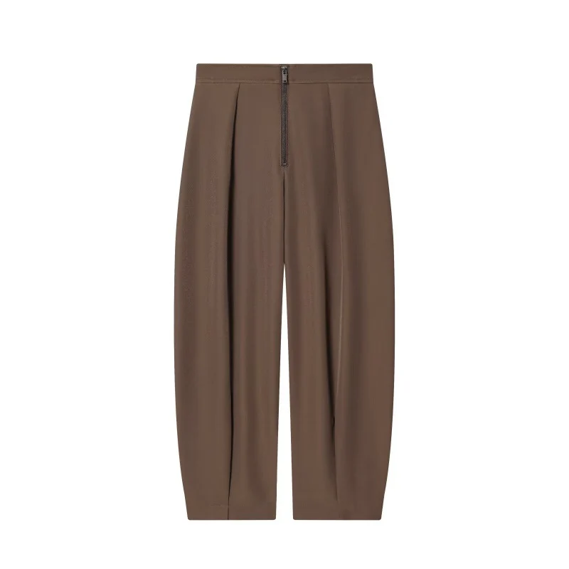 Damen weite Cropped-Hose mit hoher Taille, Kellerfalten und sichtbarem Frontreißverschluss Nord Taschen