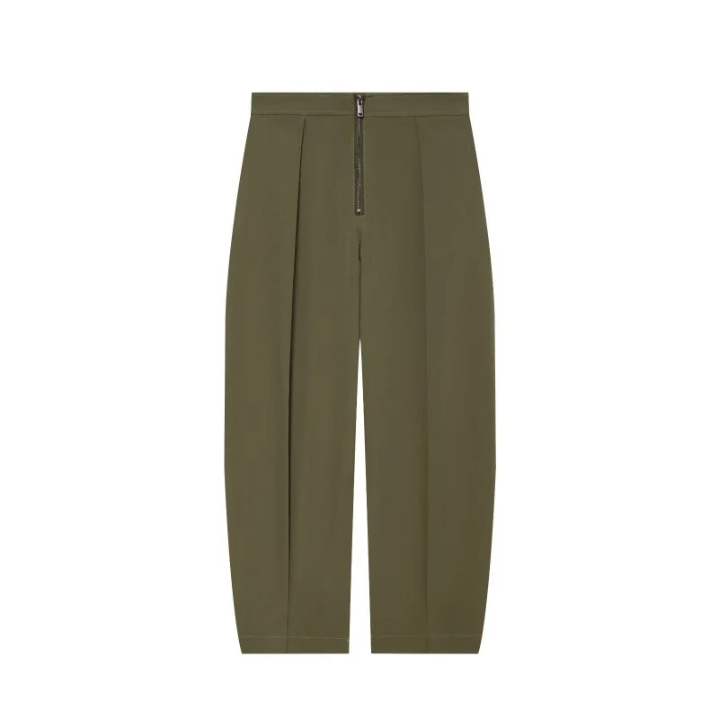 Damen weite Cropped-Hose mit hoher Taille, Kellerfalten und sichtbarem Frontreißverschluss Nord Taschen