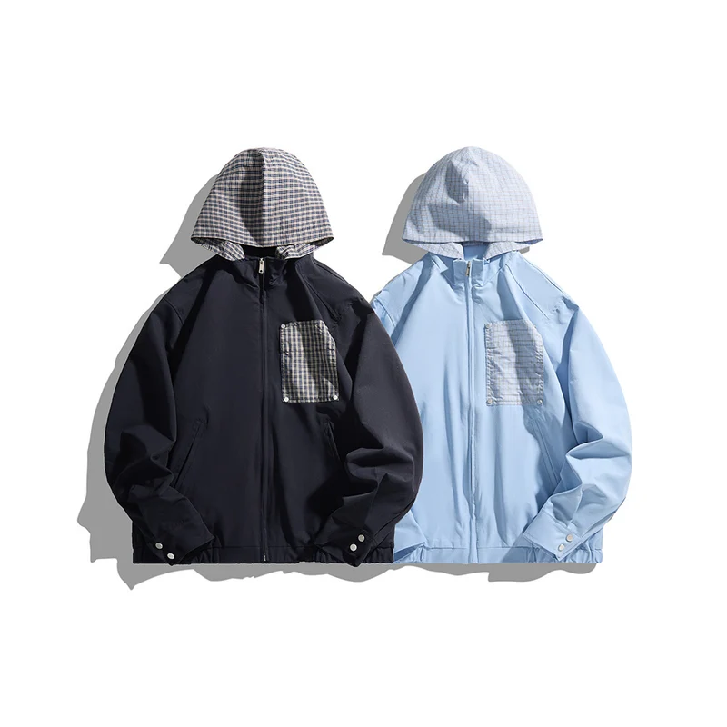Unisex Leichte Kapuzen-Übergangsjacke mit Karopatch-Brusttasche und elastischem Saum Nord Taschen