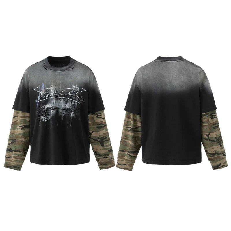 Herren weit geschnittenes Lagenlook T-Shirt mit Used-Effekt und Camouflage-Ärmeln Nord Taschen