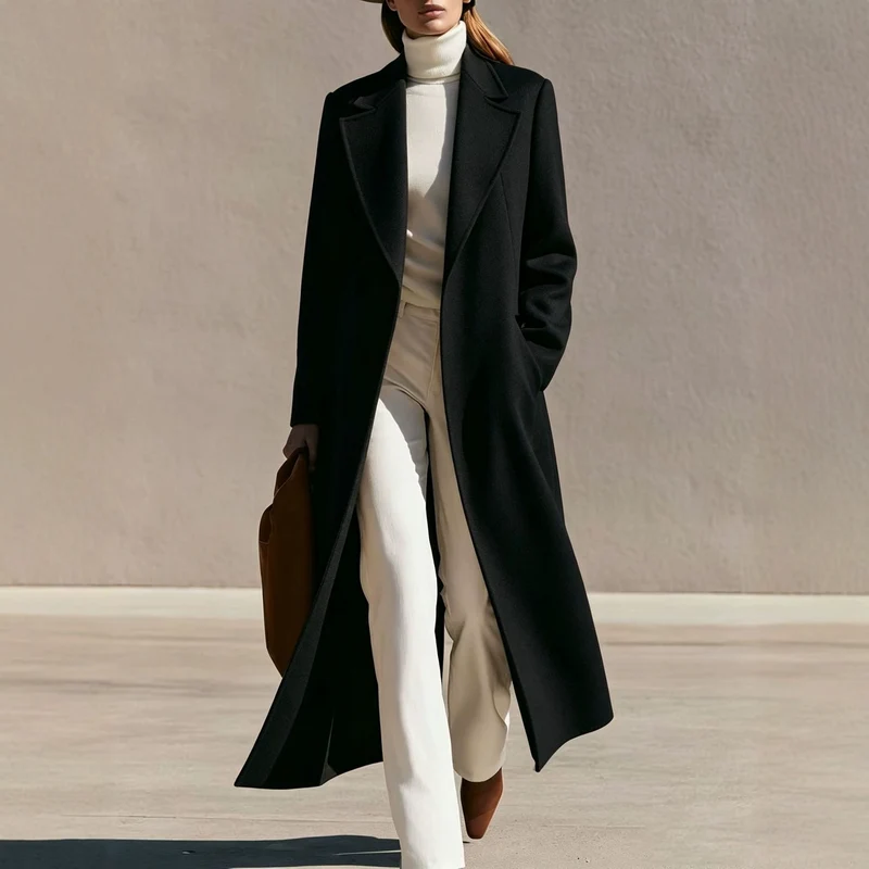 Damen Longline Wollmantel mit weitem Revers und tailliertem Schnitt Nord Taschen