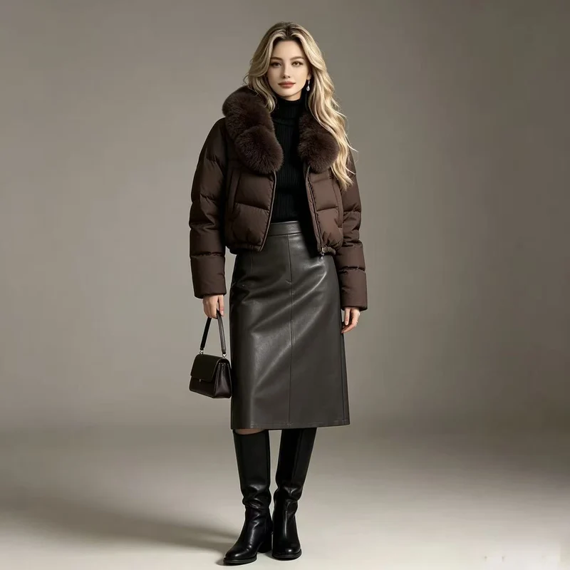 Damen nan kurze gesteppte Cropped-Pufferjacke mit voluminösem Kunstpelzkragen Nord Taschen