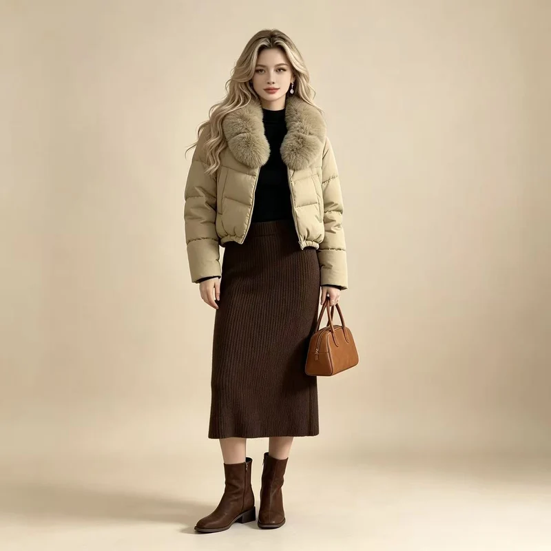 Damen nan kurze gesteppte Cropped-Pufferjacke mit voluminösem Kunstpelzkragen Nord Taschen