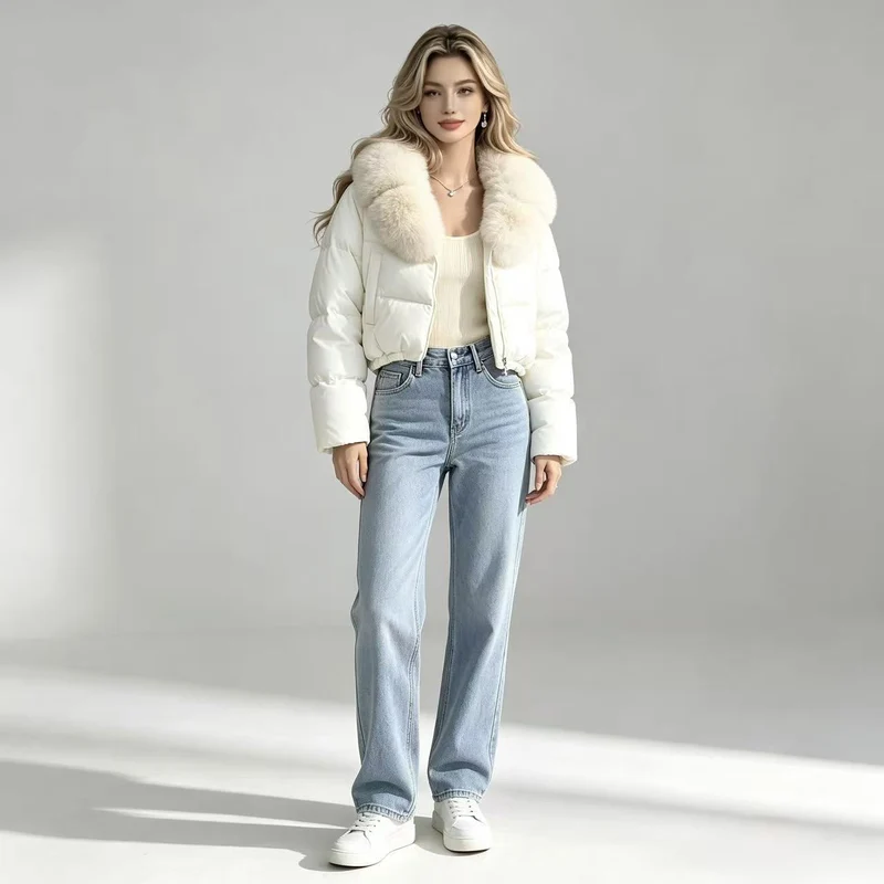 Damen nan kurze gesteppte Cropped-Pufferjacke mit voluminösem Kunstpelzkragen Nord Taschen