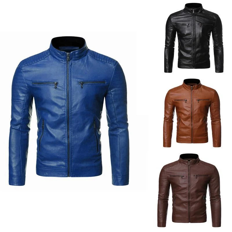 Herren Sportliche Lederjacke mit Stehkragen Nord Taschen