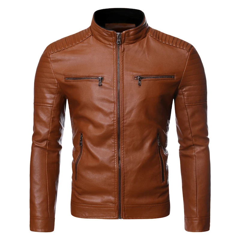 Herren Sportliche Lederjacke mit Stehkragen Nord Taschen