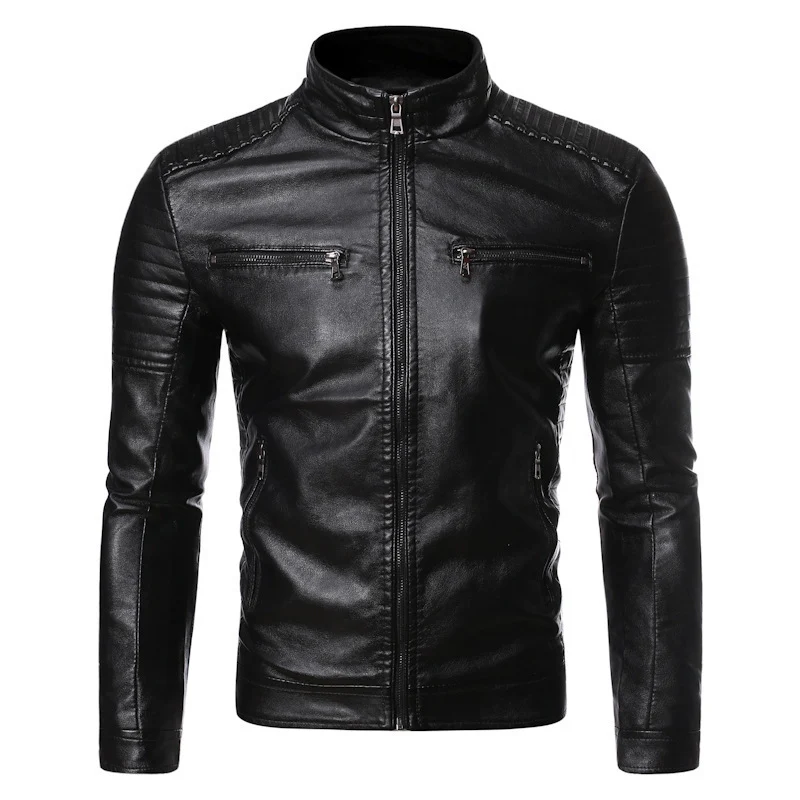 Herren Sportliche Lederjacke mit Stehkragen Nord Taschen