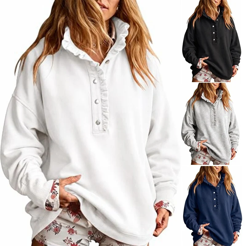 Damen Oversize-Sweatshirt mit Rüschenkragen und Druckknopfleiste Nord Taschen