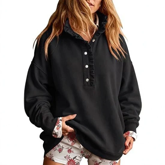 Damen Oversize-Sweatshirt mit Rüschenkragen und Druckknopfleiste Nord Taschen