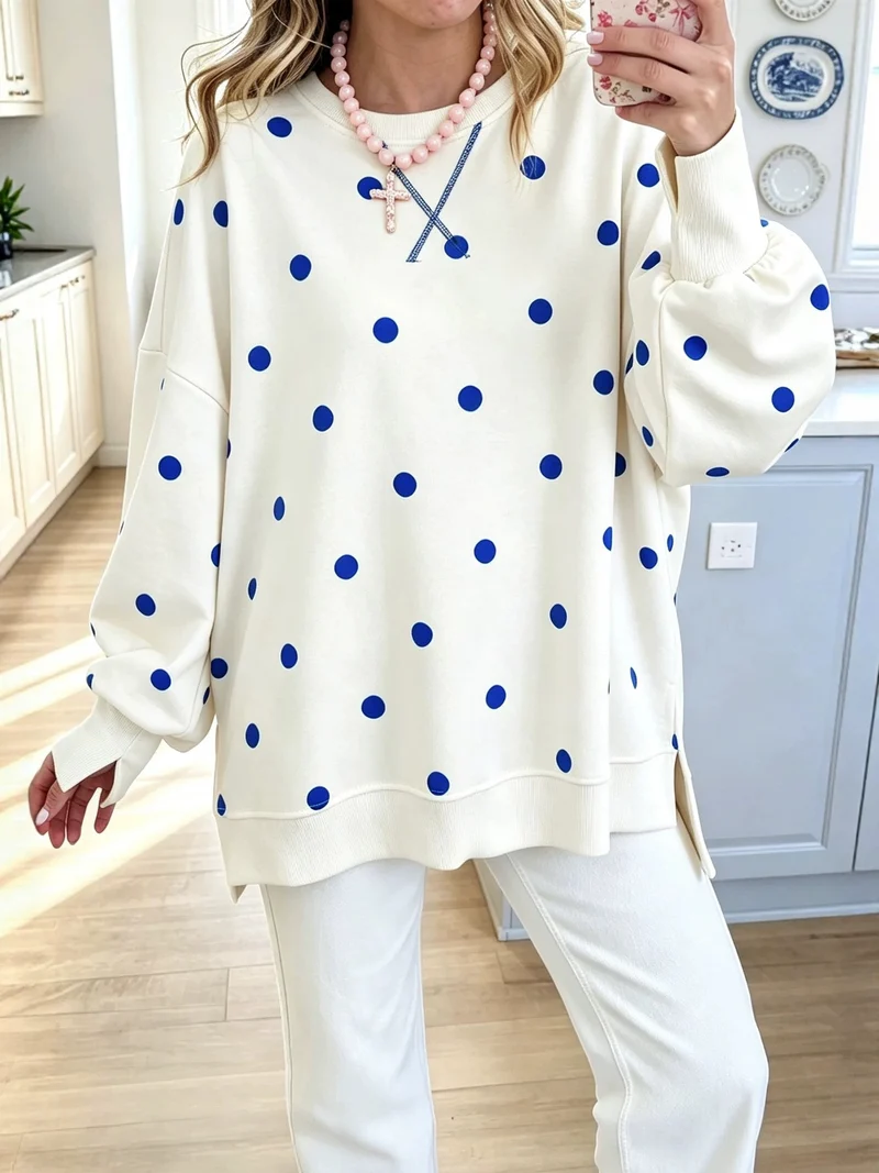 Damen Oversize-Sweatshirt mit Polka-Dot-Print und Ballonärmeln Nord Taschen
