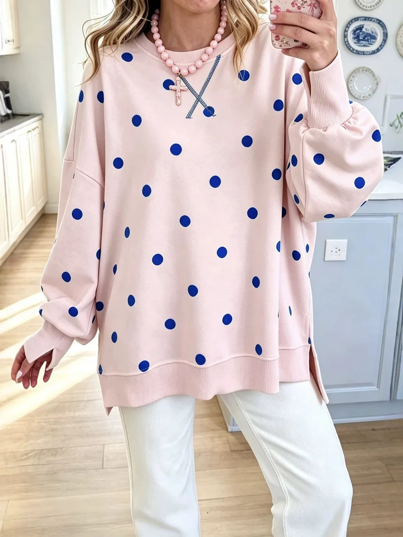 Damen Oversize-Sweatshirt mit Polka-Dot-Print und Ballonärmeln Nord Taschen