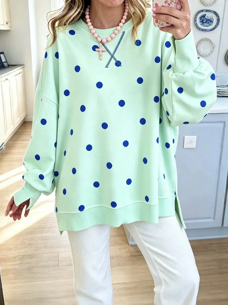 Damen Oversize-Sweatshirt mit Polka-Dot-Print und Ballonärmeln Nord Taschen