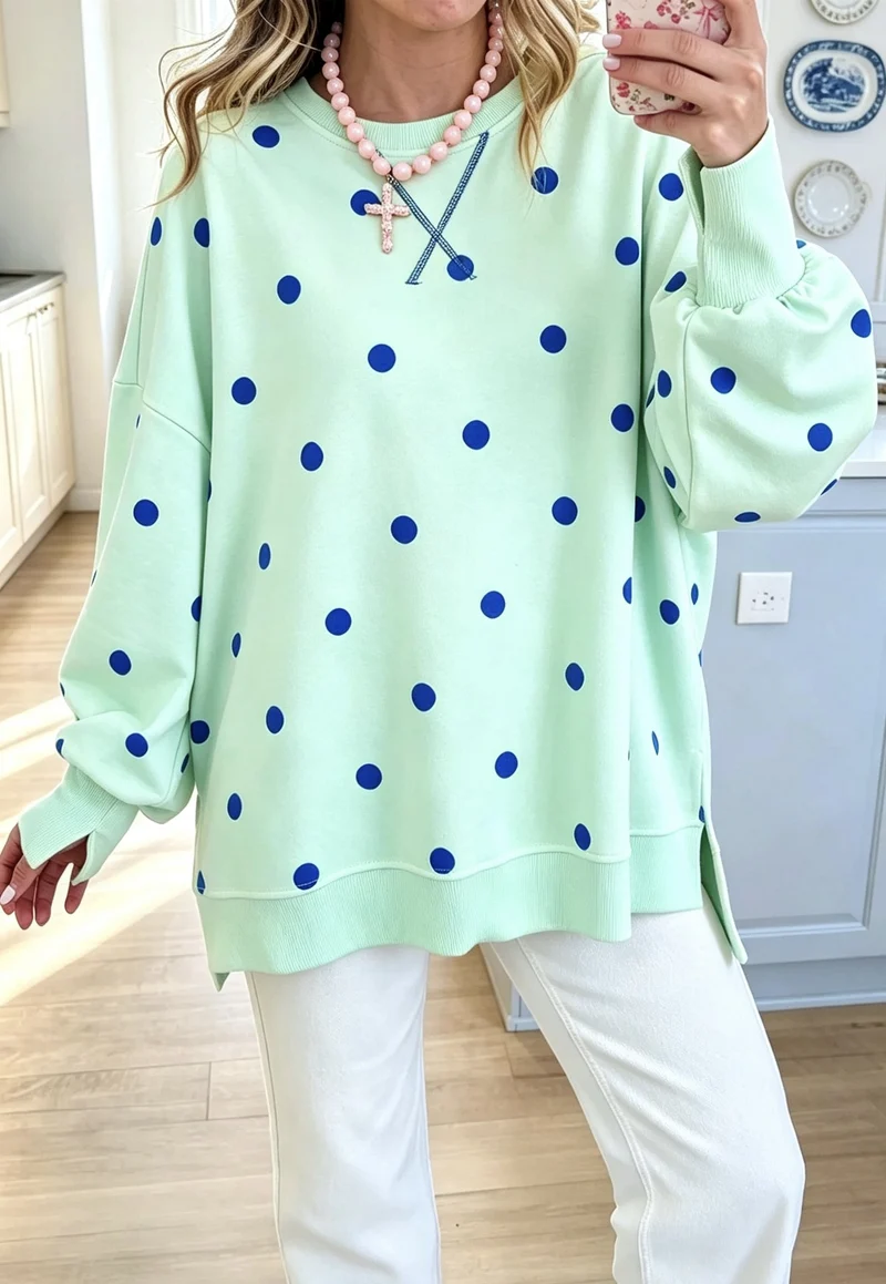 Damen Oversize-Sweatshirt mit Polka-Dot-Print und Ballonärmeln Nord Taschen