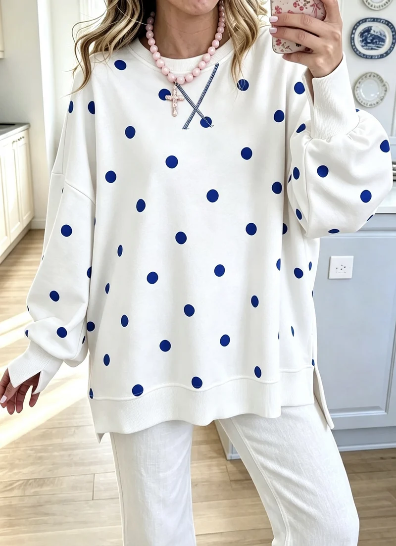 Damen Oversize-Sweatshirt mit Polka-Dot-Print und Ballonärmeln Nord Taschen