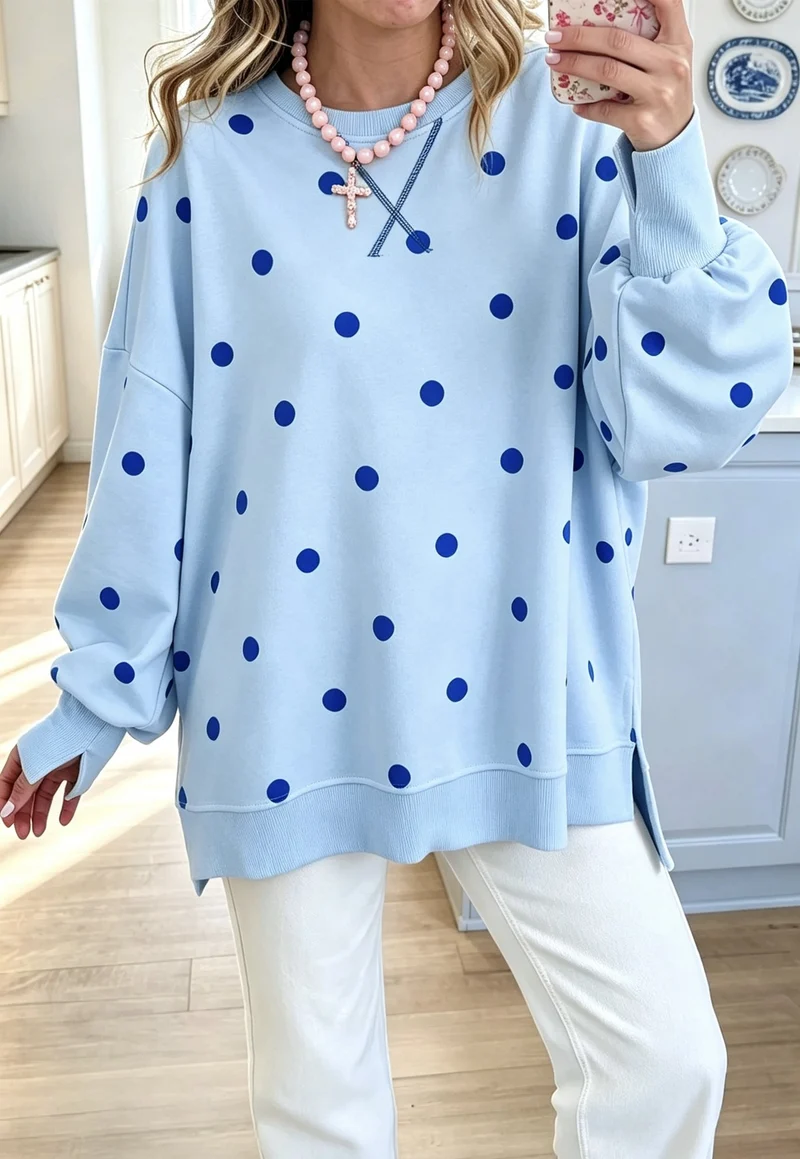 Damen Oversize-Sweatshirt mit Polka-Dot-Print und Ballonärmeln Nord Taschen