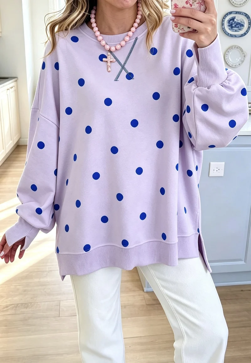 Damen Oversize-Sweatshirt mit Polka-Dot-Print und Ballonärmeln Nord Taschen