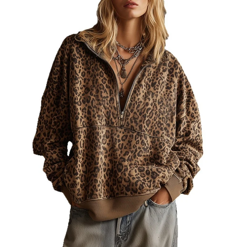Damen Oversize Sweatshirt mit halbem Reißverschluss und Leo-Print Nord Taschen