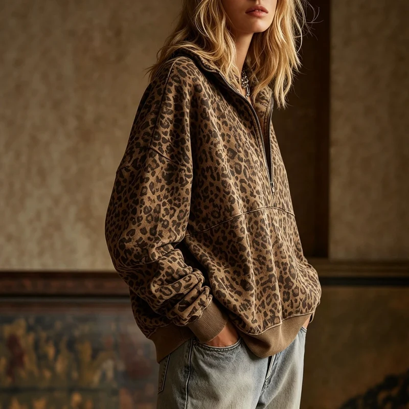 Damen Oversize Sweatshirt mit halbem Reißverschluss und Leo-Print Nord Taschen