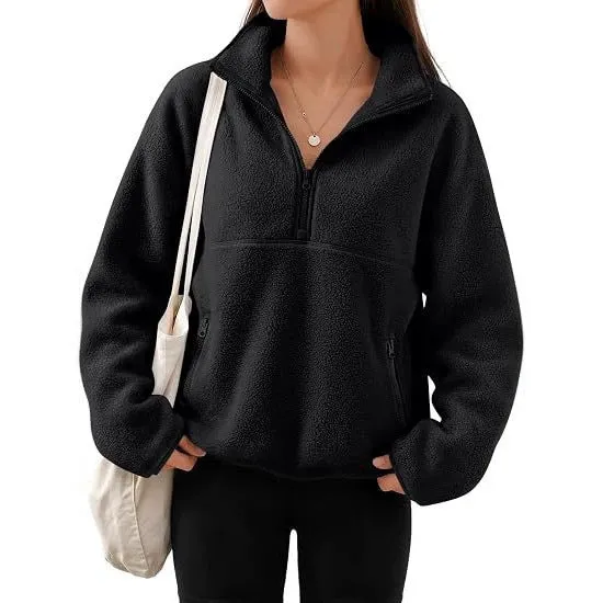 Damen Oversize Sherpa-Fleece-Pullover mit Halbreißverschluss und Kängurutasche Nord Taschen