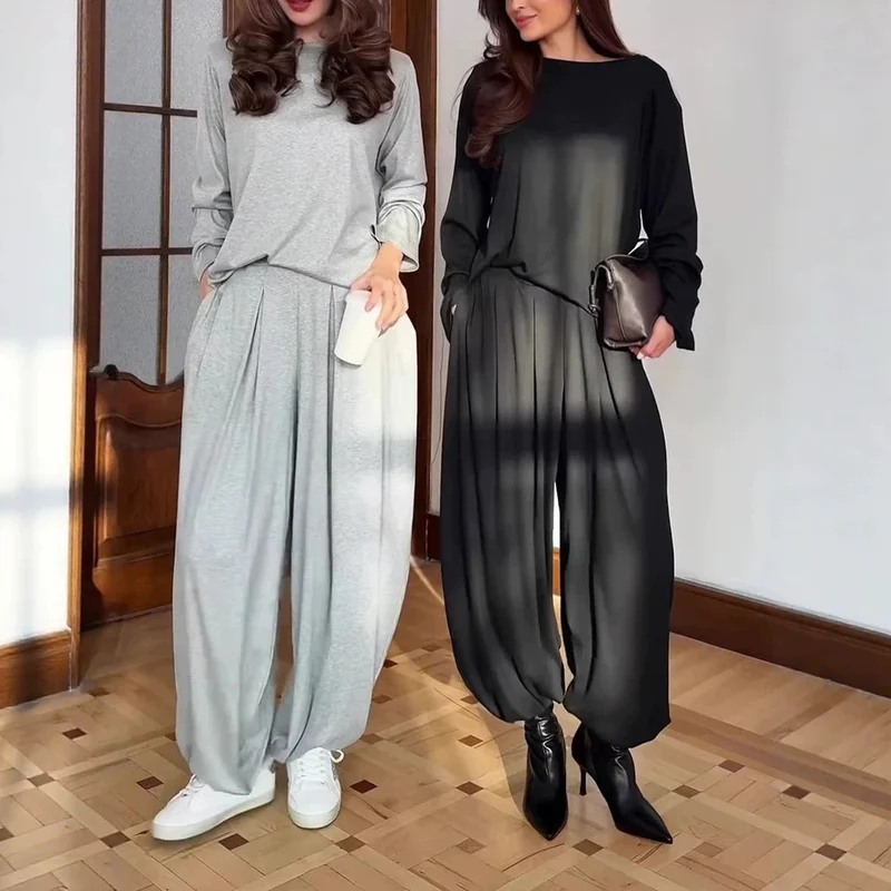 Damen Oversize-Seidiges Ensemble mit kastigem Oberteil und ballonförmiger Plissee-Hose Nord Taschen