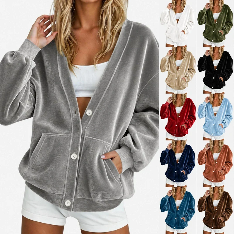 Damen Oversize-Samtcardigan mit tiefer V‑Partie, Ballonärmeln und aufgesetzten Taschen Nord Taschen